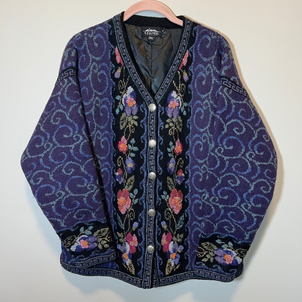 Icelandic Design Vintage Wool Floral Embroidered Cardigan Lined Purple Black M